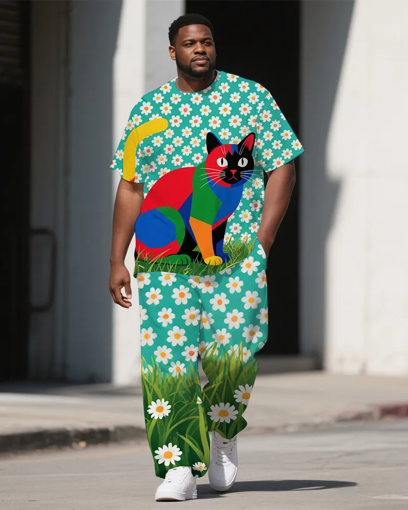 Big Guy's Animal World Splicing Cat & Flower Printed Short Sleeve T-shirt Pants Set sold by Biggmans