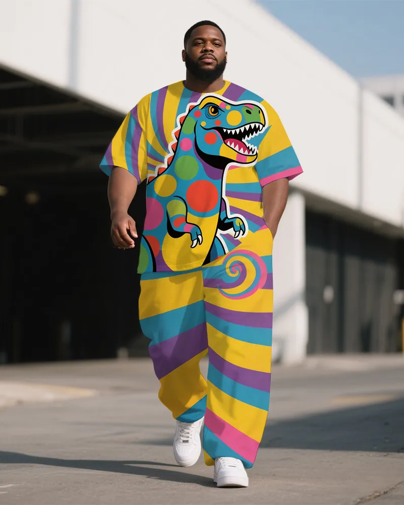 Big and Tall Men's Colorful Stripe Funny Dinosaur Printed Outdoor Short Sleeve T-shirt Pants Set sold by Biggmans