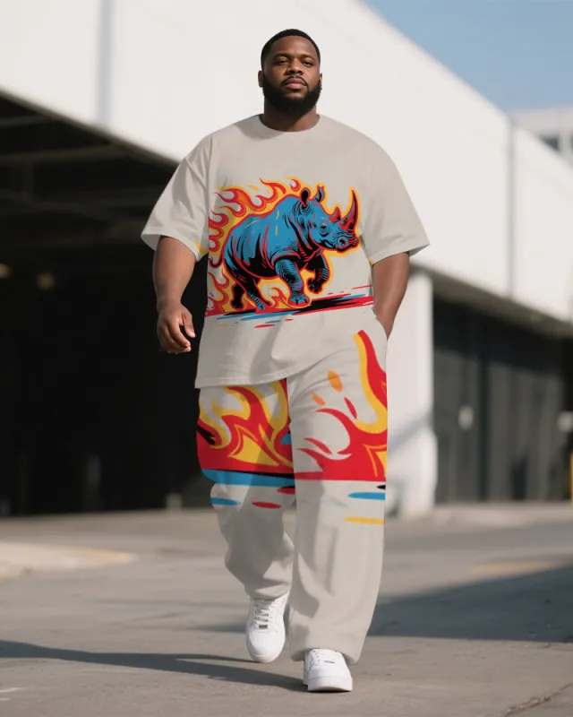 Big Men's Animal World Fire Rhino Printed Outdoor Short Sleeve T-shirt Pants Set sold by Biggmans