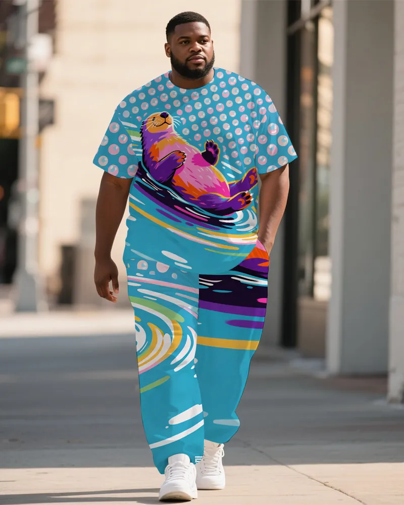 Big Men's Animal World Bubbles Seal Printed Summer Short Sleeve T-shirt Pants Set sold by Biggmans