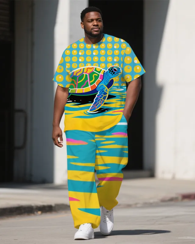 Big Guy's Animal World Sea Turtles Cartoon Printed Laid Back Short Sleeve T-shirt Pants Set sold by Biggmans