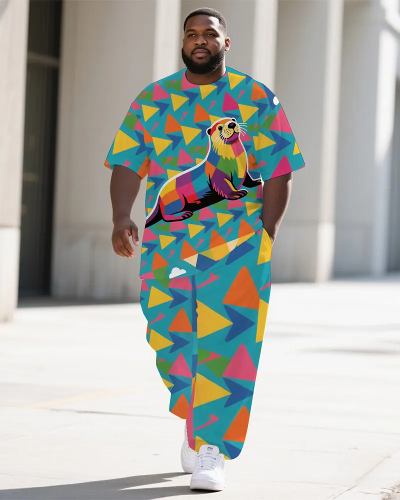 Big Men's Animal Cartoon Triangle Seal Printed Summer Short Sleeve T-shirt Pants Set sold by Biggmans