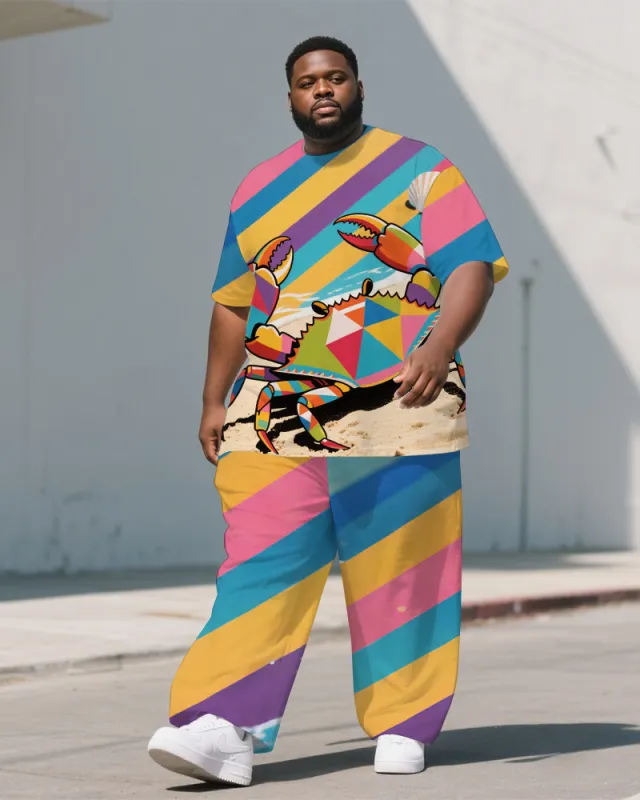 Big Guy's Animal World Crab & Colorful Stripe Printed Casual Short Sleeve T-shirt Pants Set sold by Biggmans