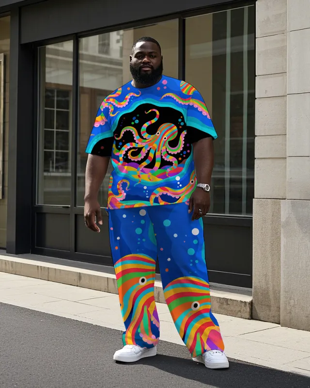 Big Men's Animal World Dreamy Octopus Printed Summer Casual Short Sleeve T-shirt Pants Set sold by Biggmans