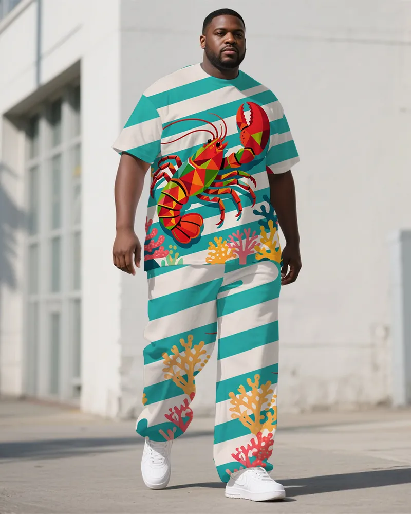 Big Guy's Summer Animal Theme lobster Cartoon Printed Casual Short Sleeve T-shirt Pants Set sold by Biggmans