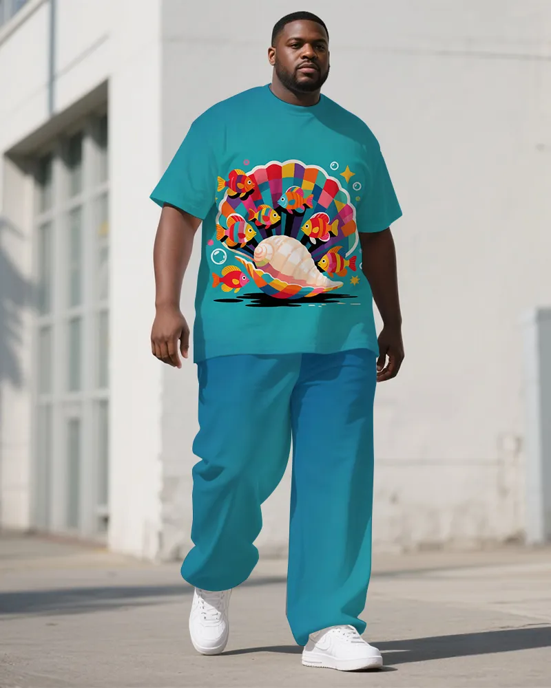 Big Guy's Animal Theme Cartoon Shell Printed Casual Short Sleeve T-shirt Pants Set sold by Biggmans