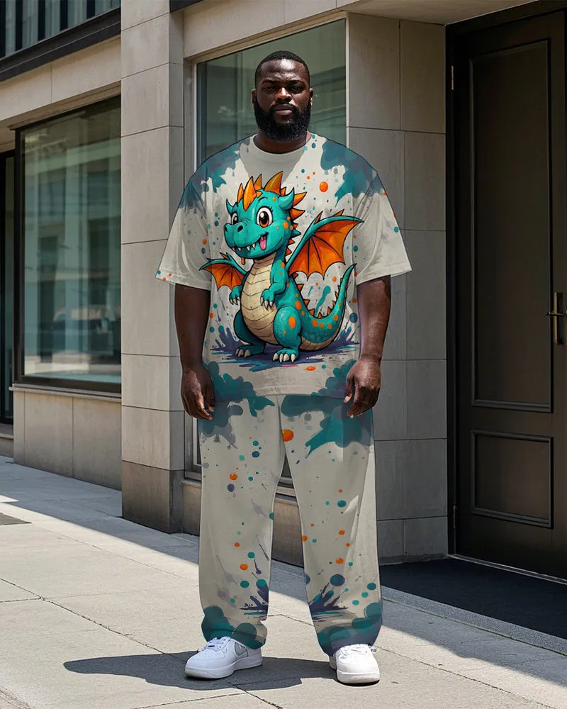 Men's Splash Ink Cute Dinosaur Printed Street Fashion 2-Piece Short Sleeve T-shirt Pants Set sold by Biggmans