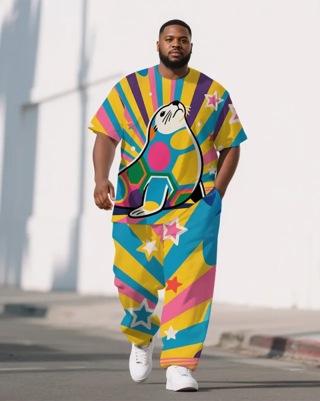 Big Men's Animal Theme Seal Cartoon Printed Casual Short Sleeve T-shirt Pants Set sold by Biggmans
