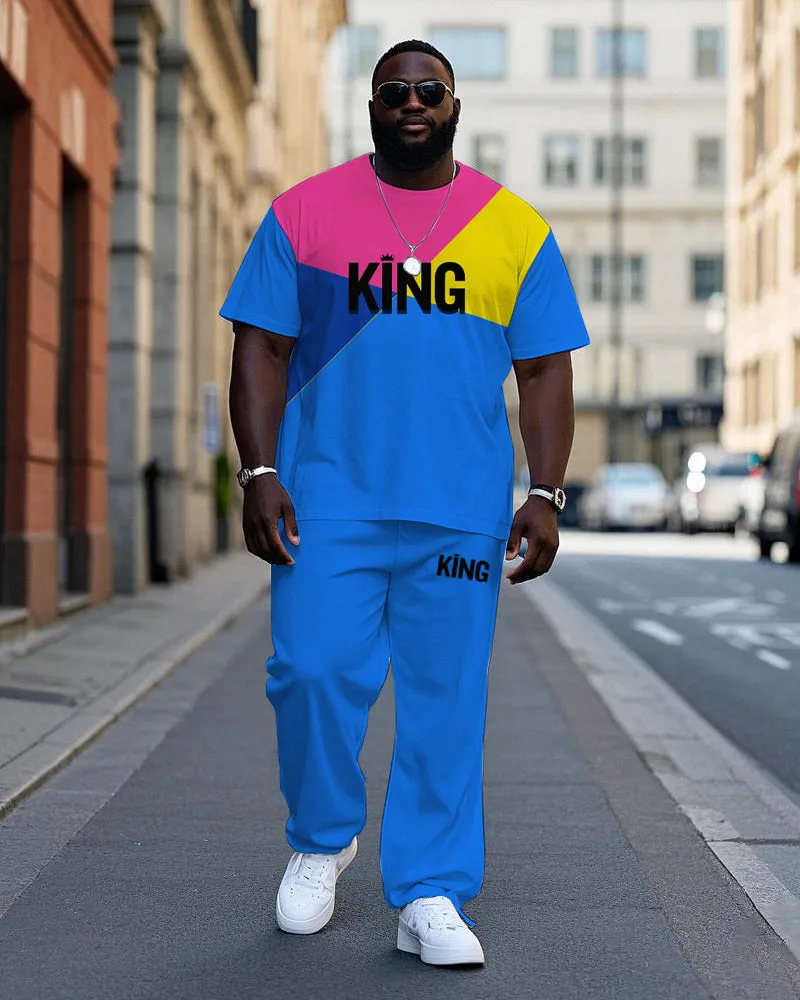 Big Men's Casual Bright Splicing Color Block Letter KING Printed Short Sleeve T-shirt Pants Set sold by Biggmans