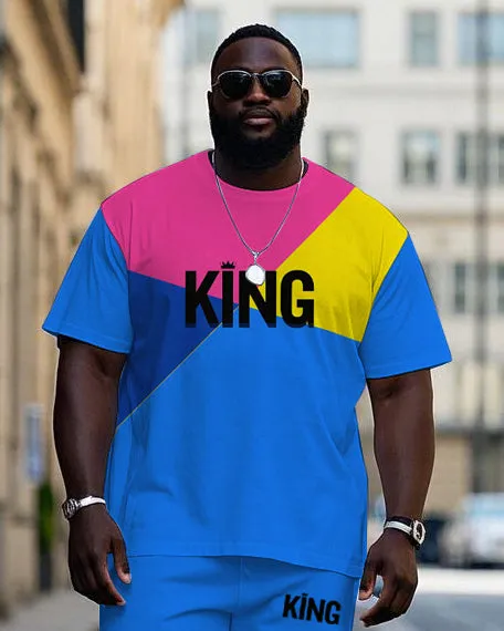 Big Men's Casual Bright Splicing Color Block Letter KING Printed Short Sleeve T-shirt Pants Set sold by Biggmans product image thumbnail 2
