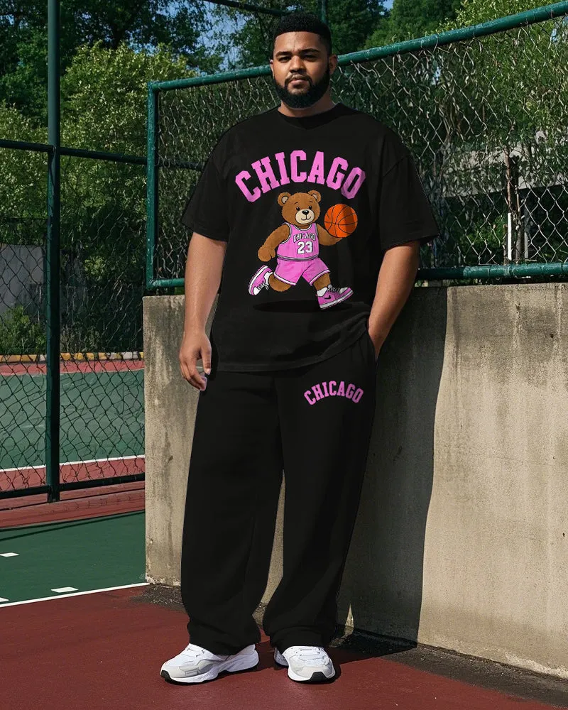 Big Men's Casual Cartoon Basketball Bear Athlete CHICAGO Printed Short Sleeve T-shirt Pants Set sold by Biggmans