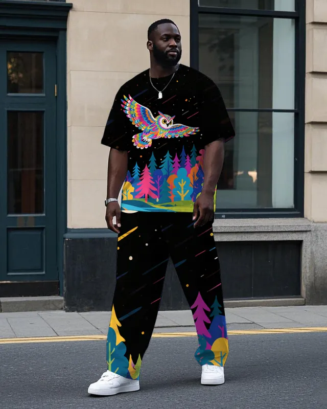 Big Men's Animal Theme Flying Owl Cartoon Printed Summer Short Sleeve T-shirt Pants Set sold by Biggmans