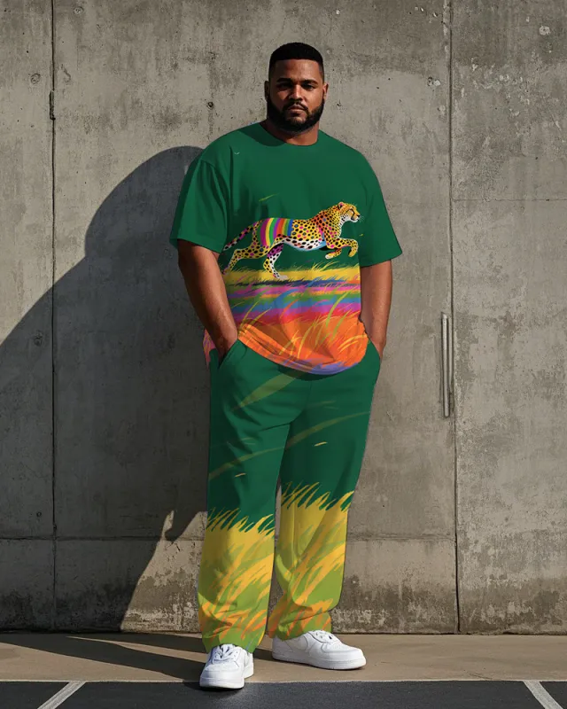 Big Men's Summer Casual Animal World Leopard Printed Crew Short Sleeve T-shirt Pants Set sold by Biggmans