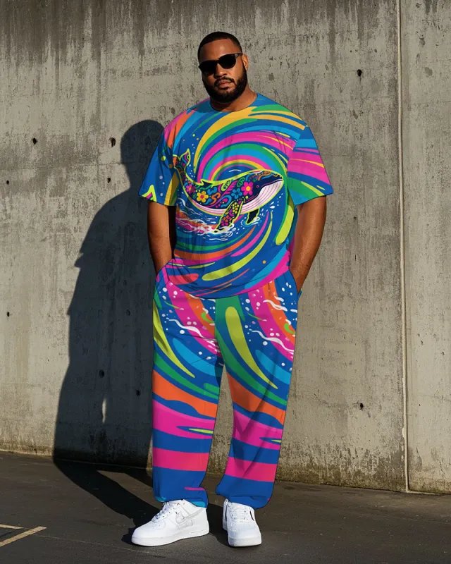Big Men's Casual Animal World Whale in Vortex Printed Crew Short Sleeve T-shirt Pants Set sold by Biggmans