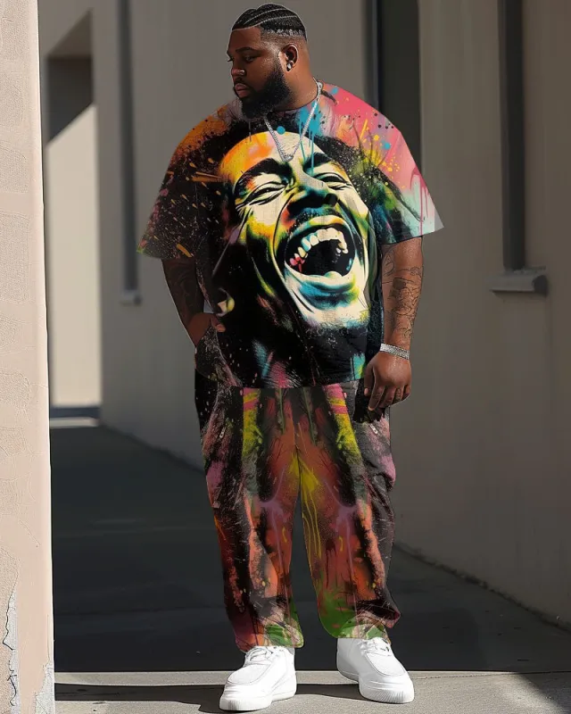 Men's Big & Tall Street Fashion Graffiti Tribute Singer Printed T-Shirt Trousers Set sold by Biggmans