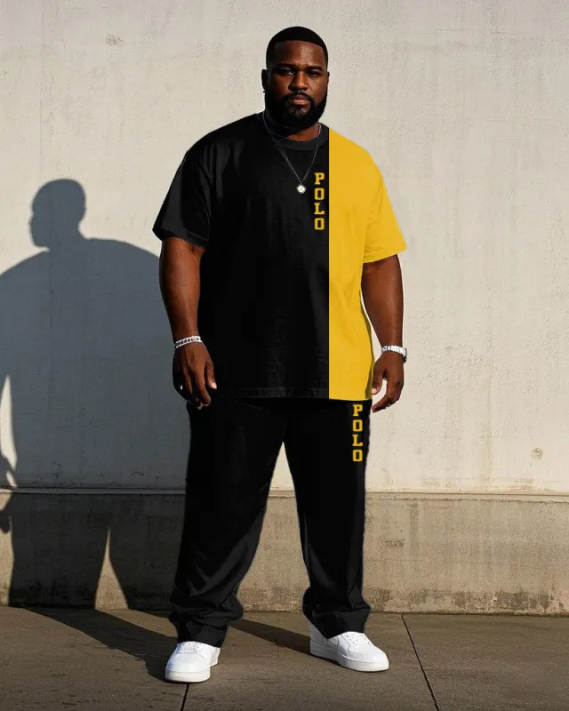 Men's Big & Tall Black & Yellow Colorblock Signature Printed Short-sleeved T-shirt Trousers Set sold by Biggmans