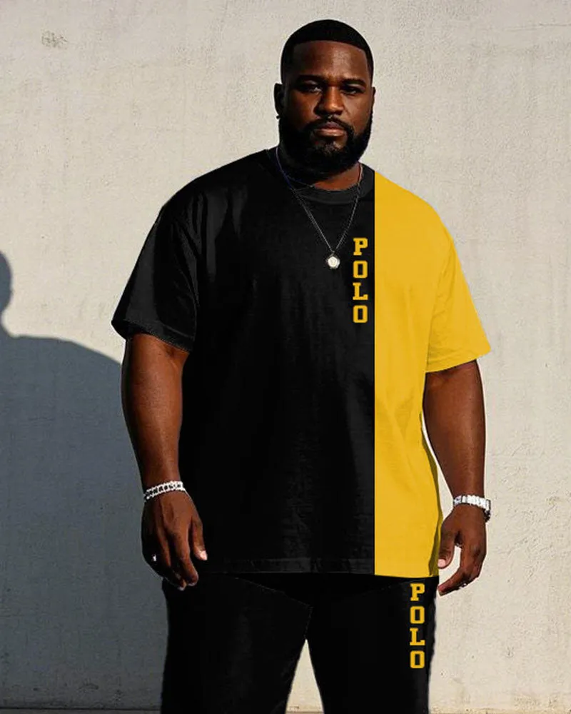 Men's Big & Tall Black & Yellow Colorblock Signature Printed Short-sleeved T-shirt Trousers Set sold by Biggmans product image thumbnail 2