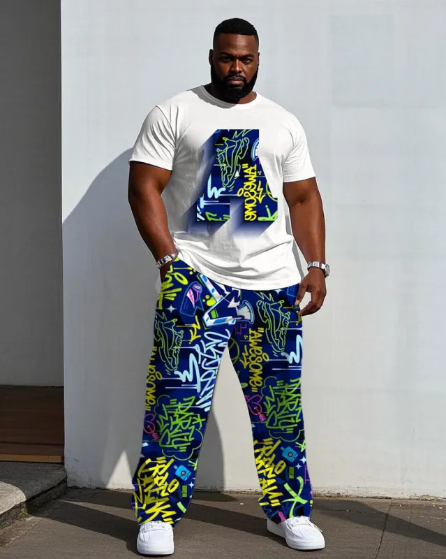 Men's Big & Tall Street Graffiti Design "A" 3D Gradient Printing Short-sleeved T-shirt Trousers Set sold by Biggmans