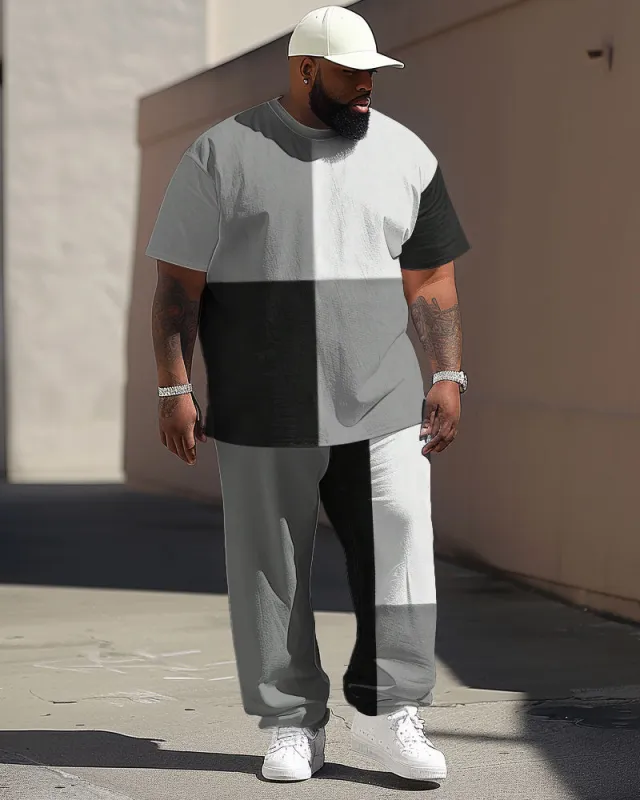 Casual Simple Colorblock Big Men's Short Sleeve T-shirt Pants Set sold by Biggmans