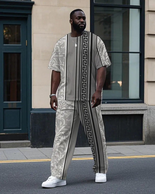 Men's Big and Tall Artistic Retro Floral Geometric Pattern Printed Casual Short Sleeve T-shirt Pants Set sold by Biggmans