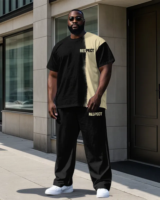 Big Men's Casual Simple Splicing Style Letter RESPECT Printed Short Sleeve T-shirt Pants Set sold by Biggmans