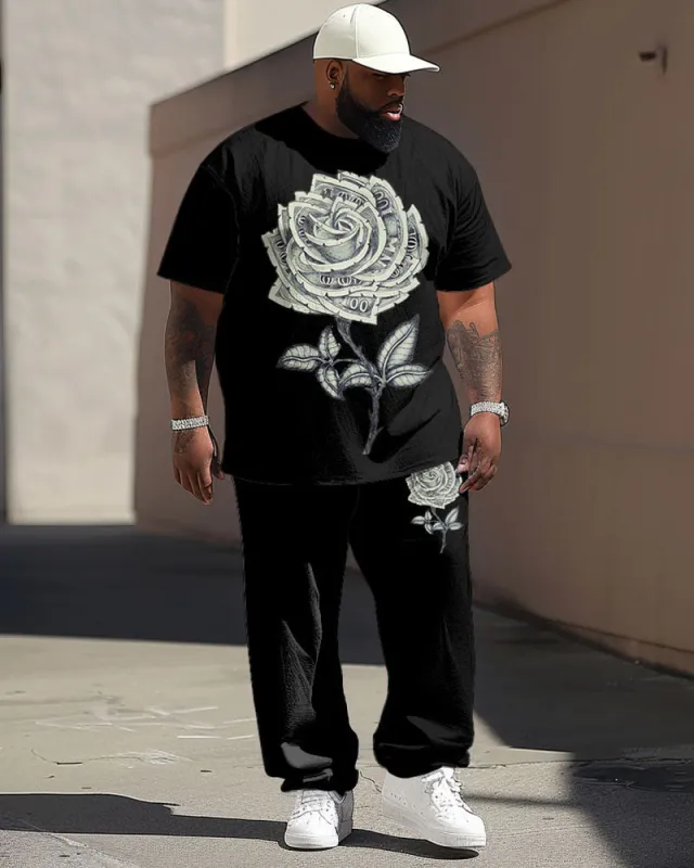 Big Men's Street Fashion Money Rose Print T-Shirt Trousers Set sold by Biggmans
