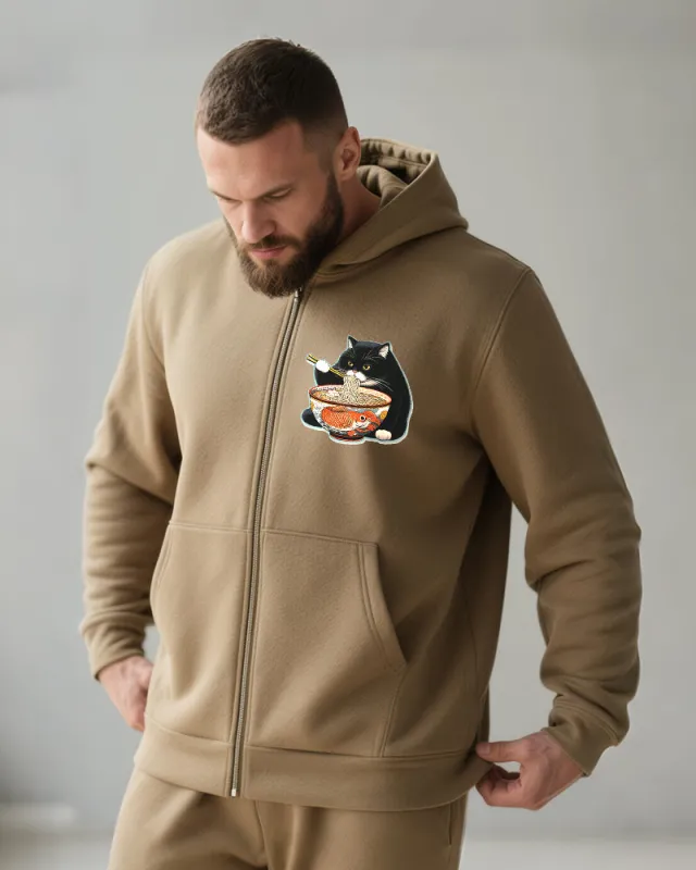 Big & Tall Men's Cat Eating Noodle-Print Cardigan Hoodie sold by Biggmans