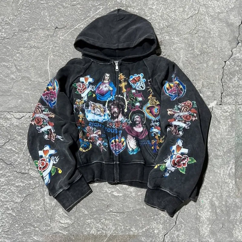 Big & Tall Men's JESUS Multiple Printed Black Wash Zip Hoodie sold by Biggmans