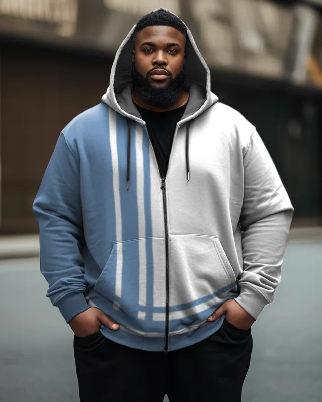 Men's Plus Size Casual Blue Stripe Graphic Zip Hoodie sold by Biggmans