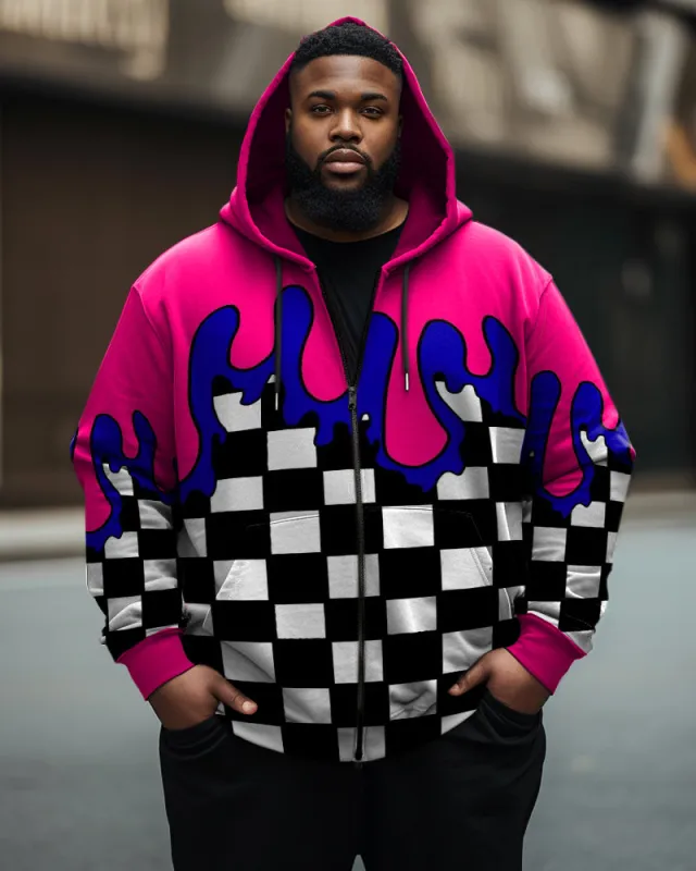 Men's Casual Street Plus Size Graffiti Checkerboard Flame Zip Hoodie sold by Biggmans