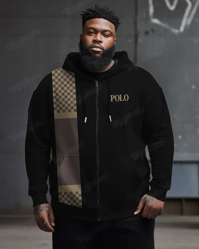 Men's Plus Size Simple Plaid Patchwork Letter Printed Zipper Cardigan Hoodie sold by Biggmans