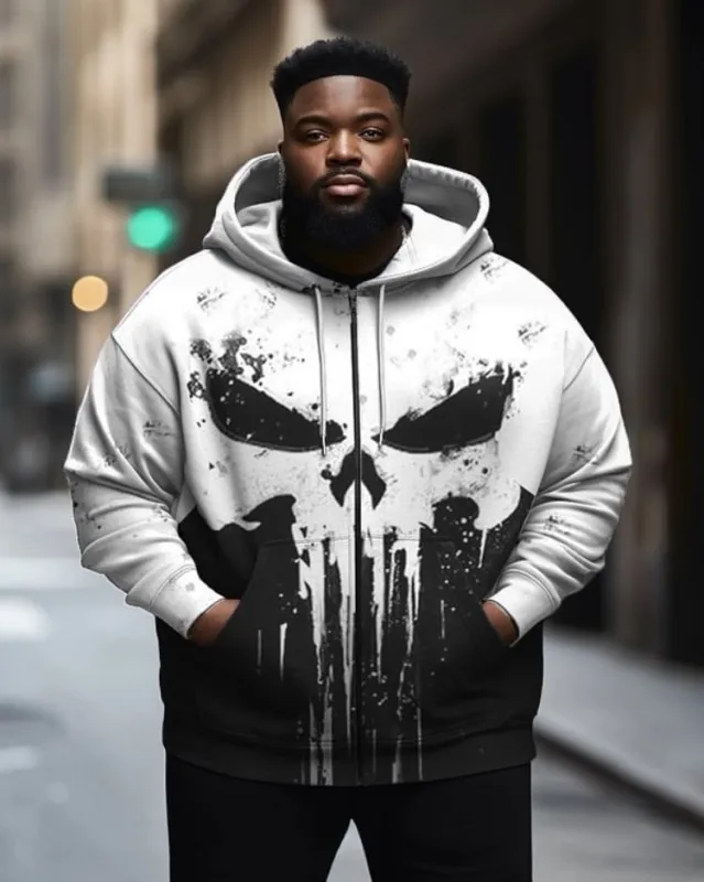 Men's Plus Size Viking Skull Contrast Full Zip Up Sports Hoodie sold by Biggmans