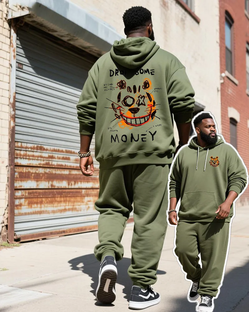 Big & Tall Men's Army Green Bear Graffiti Alphabet Print Hoodie Set sold by Biggmans