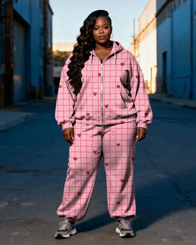 Women's Plus Size Pink Love Check Print Cardigan Hoodie Set sold by Biggmans