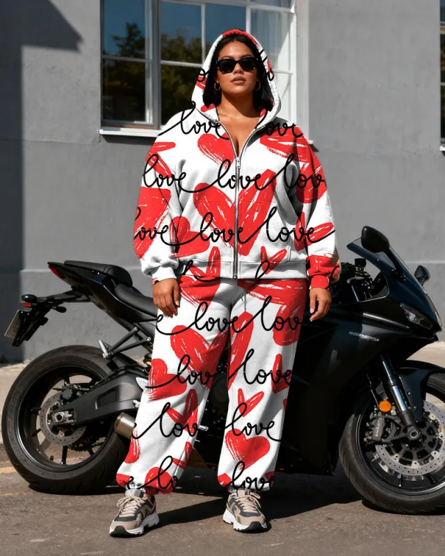 Women's Plus Size Love Letter Print Cardigan Hoodie Set sold by Biggmans