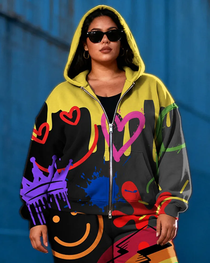 Women's Plus Size Graffiti Love Expression Print Cardigan Hoodie Set sold by Biggmans product image thumbnail 2