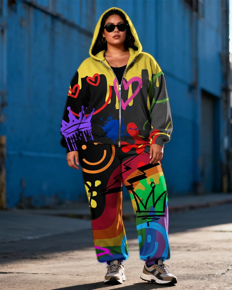 Women's Plus Size Graffiti Love Expression Print Cardigan Hoodie Set sold by Biggmans
