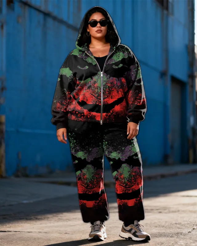 Women's Plus Size Halloween Emoji Graffiti Print Cardigan Hoodie Set sold by Biggmans