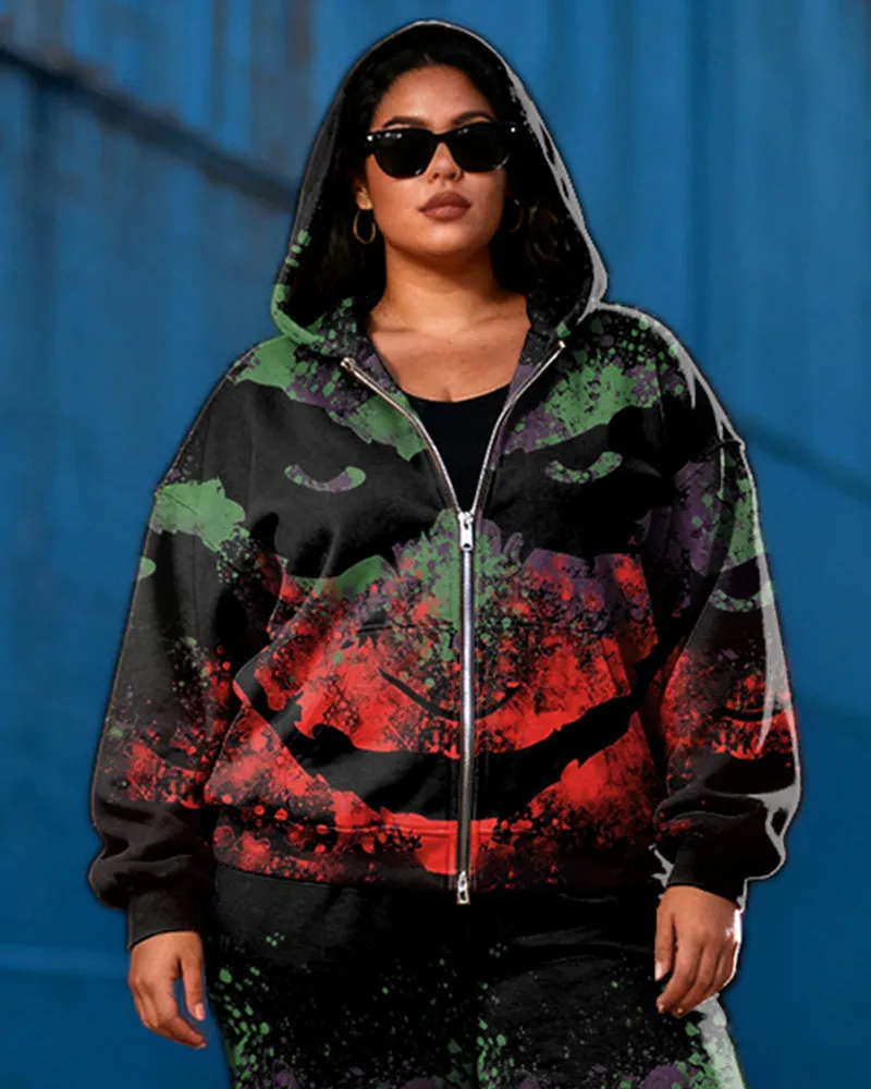 Women's Plus Size Halloween Emoji Graffiti Print Cardigan Hoodie Set sold by Biggmans product image thumbnail 2