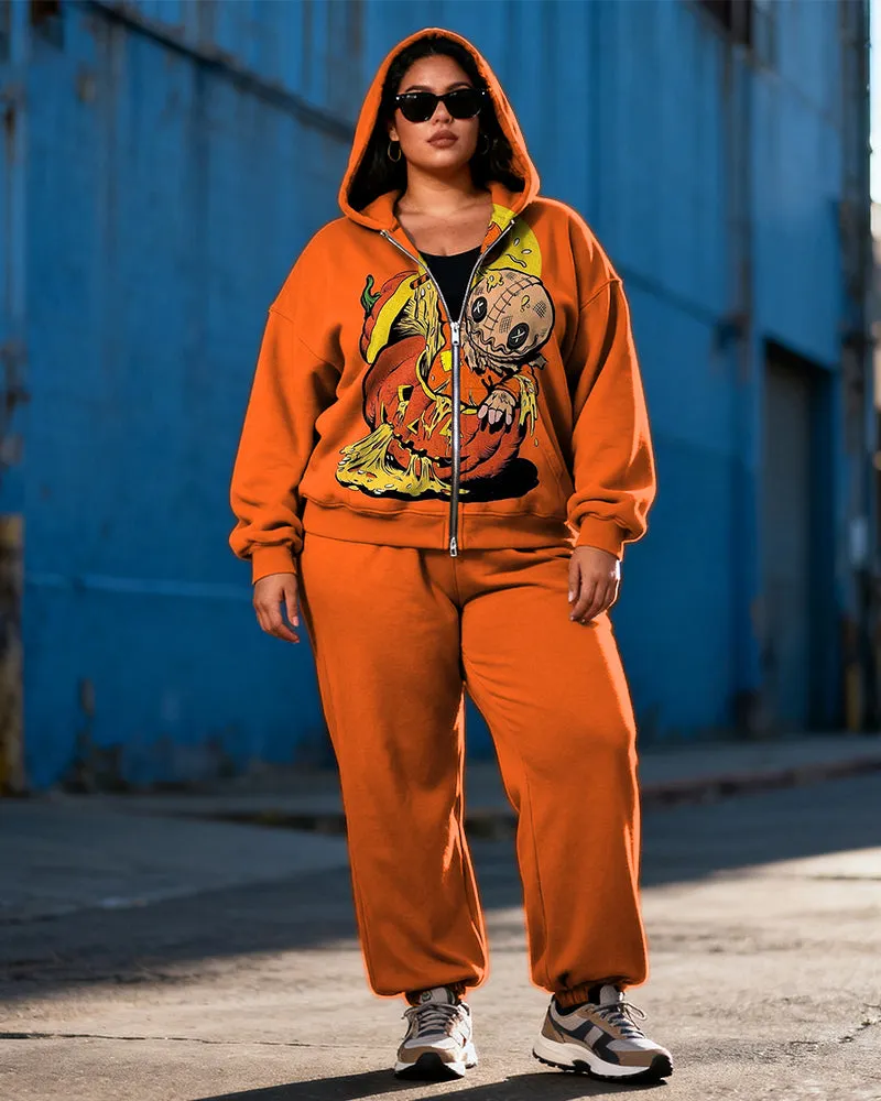 Women's Plus Size Halloween Pumpkin Graffiti Print Cardigan Hoodie Set sold by Biggmans