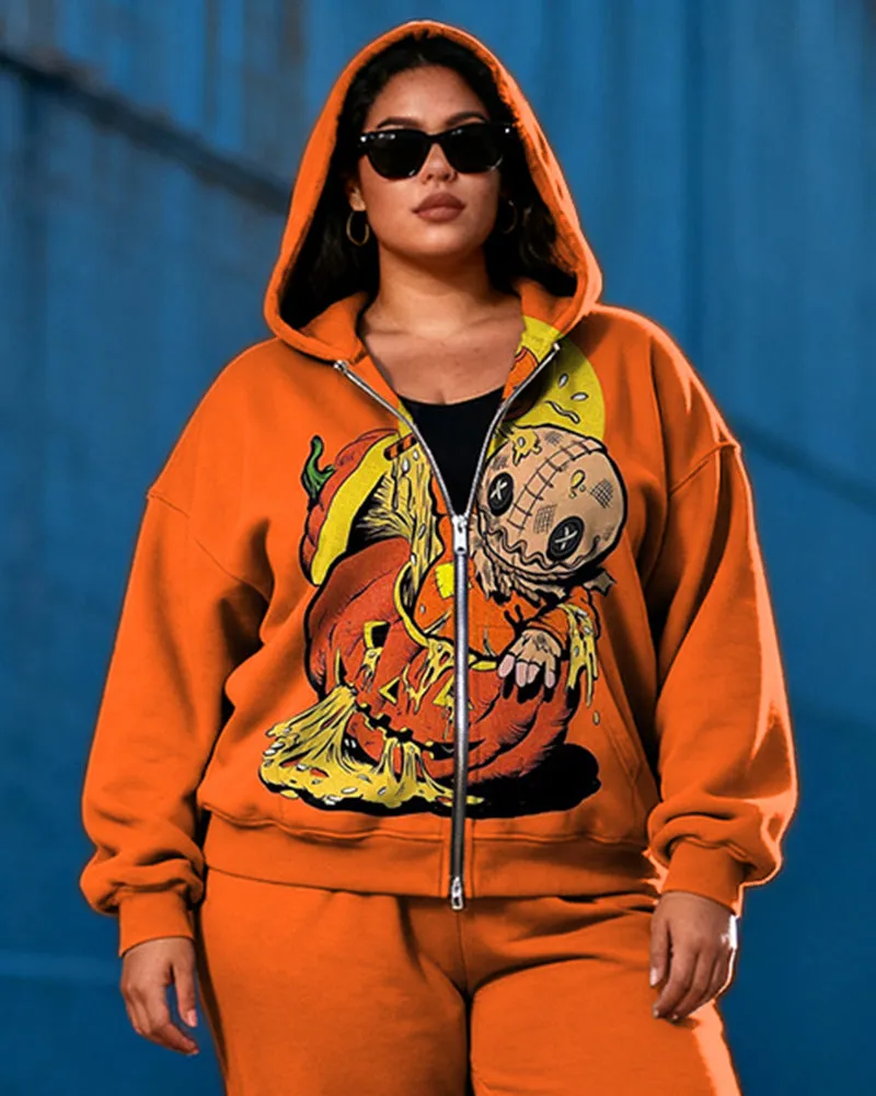 Women's Plus Size Halloween Pumpkin Graffiti Print Cardigan Hoodie Set sold by Biggmans product image thumbnail 2