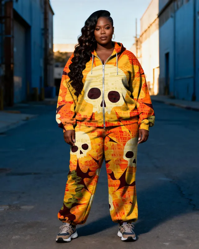 Women's Plus Size Halloween Orange Skull Floral Print Cardigan Hoodie Set sold by Biggmans