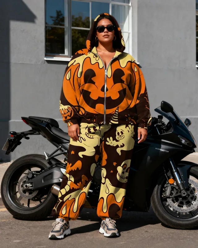 Women's Plus Size Halloween Pumpkin Ghost Print Cardigan Hoodie Set sold by Biggmans