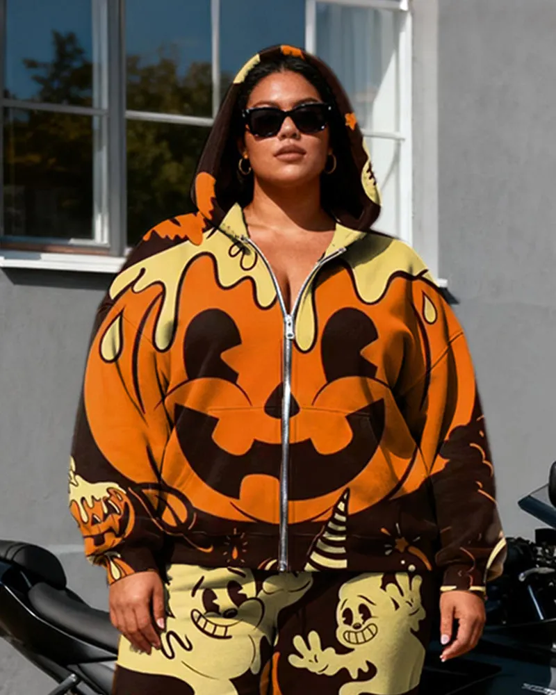 Women's Plus Size Halloween Pumpkin Ghost Print Cardigan Hoodie Set sold by Biggmans product image thumbnail 2