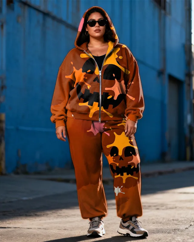 Women's Plus Size Halloween Pumpkin Graffiti Print Cardigan Hoodie Set sold by Biggmans