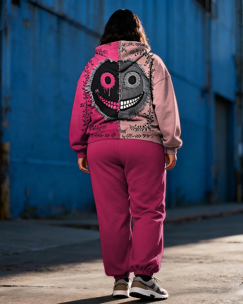 Women's Plus Size Halloween Rose Red Color-block Expression Printed Cardigan Hoodie Set sold by Biggmans product image thumbnail 4