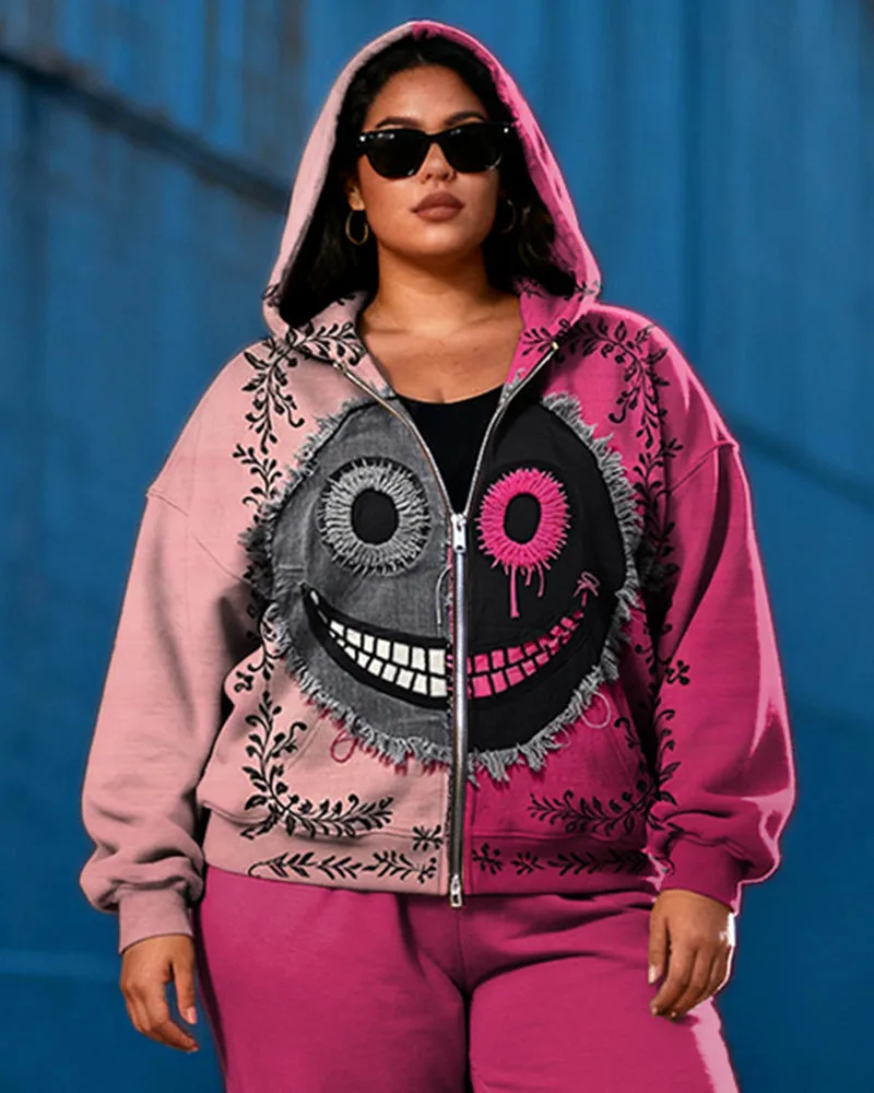 Women's Plus Size Halloween Rose Red Color-block Expression Printed Cardigan Hoodie Set sold by Biggmans product image thumbnail 2