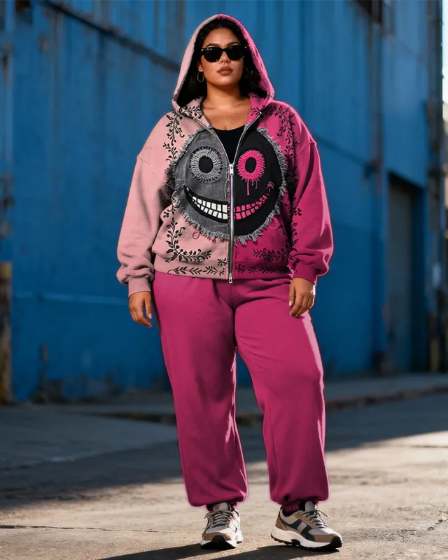 Women's Plus Size Halloween Rose Red Color-block Expression Printed Cardigan Hoodie Set sold by Biggmans