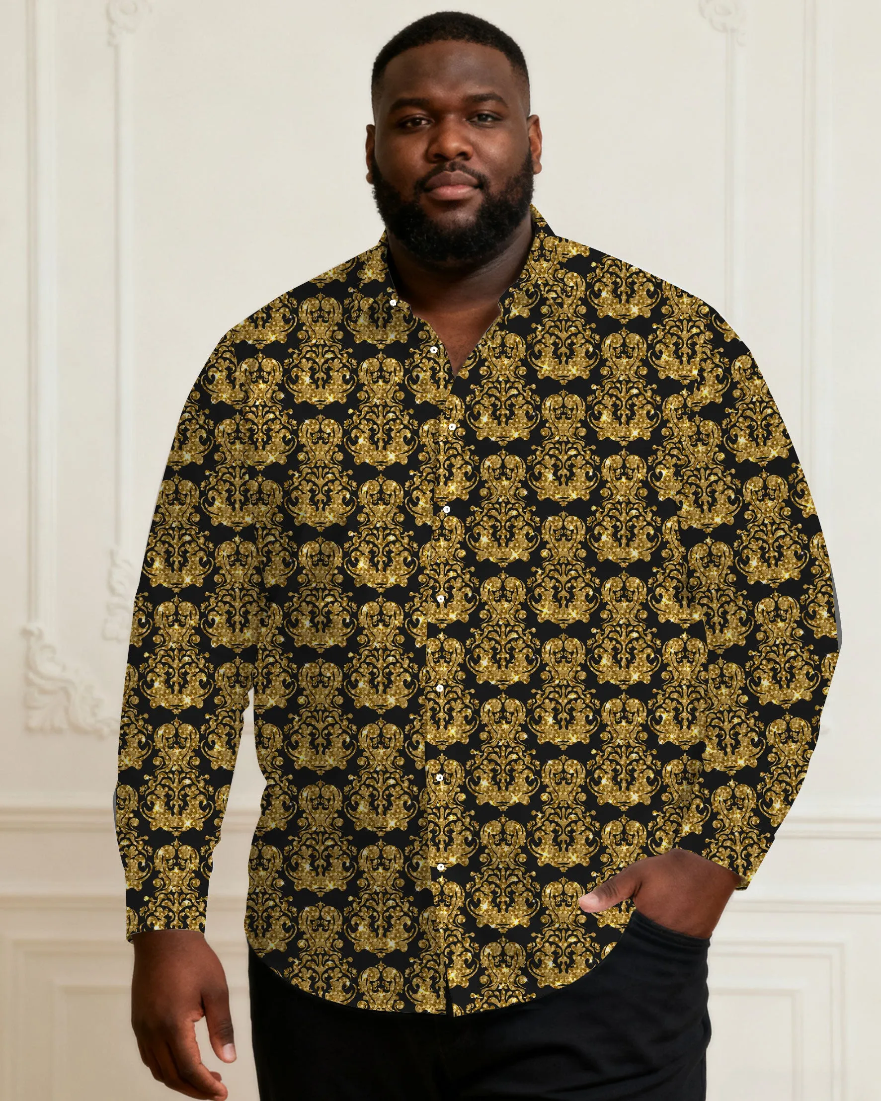 Men's Plus Size Black Baroque Glitter Sequin Long Sleeve Lap Shirt sold by Biggmans