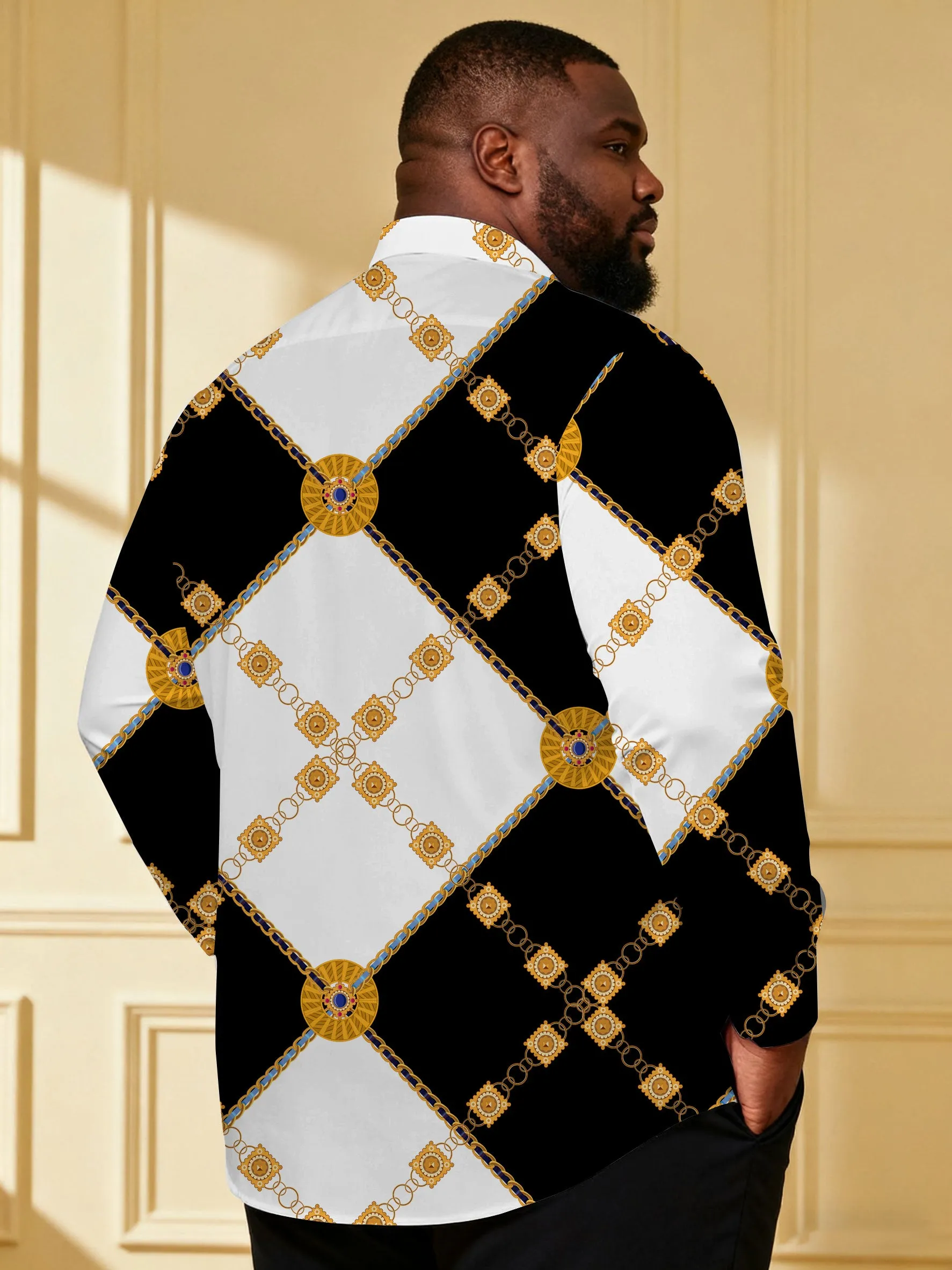 Large Size Men's Baroque Black & White Large Check Palace Style Business Casual Shirt sold by Biggmans product image thumbnail 2